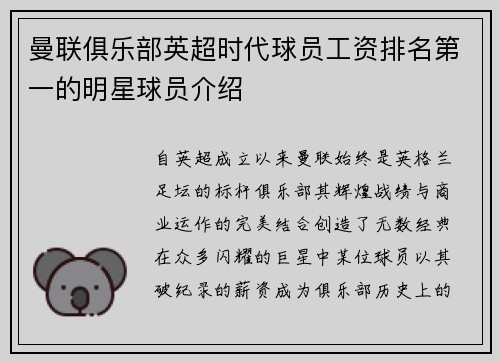 曼联俱乐部英超时代球员工资排名第一的明星球员介绍